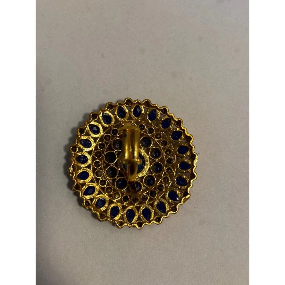 Gold Tone Round Statement Ring‎ Blue Crystal Rhinestone Adjustable